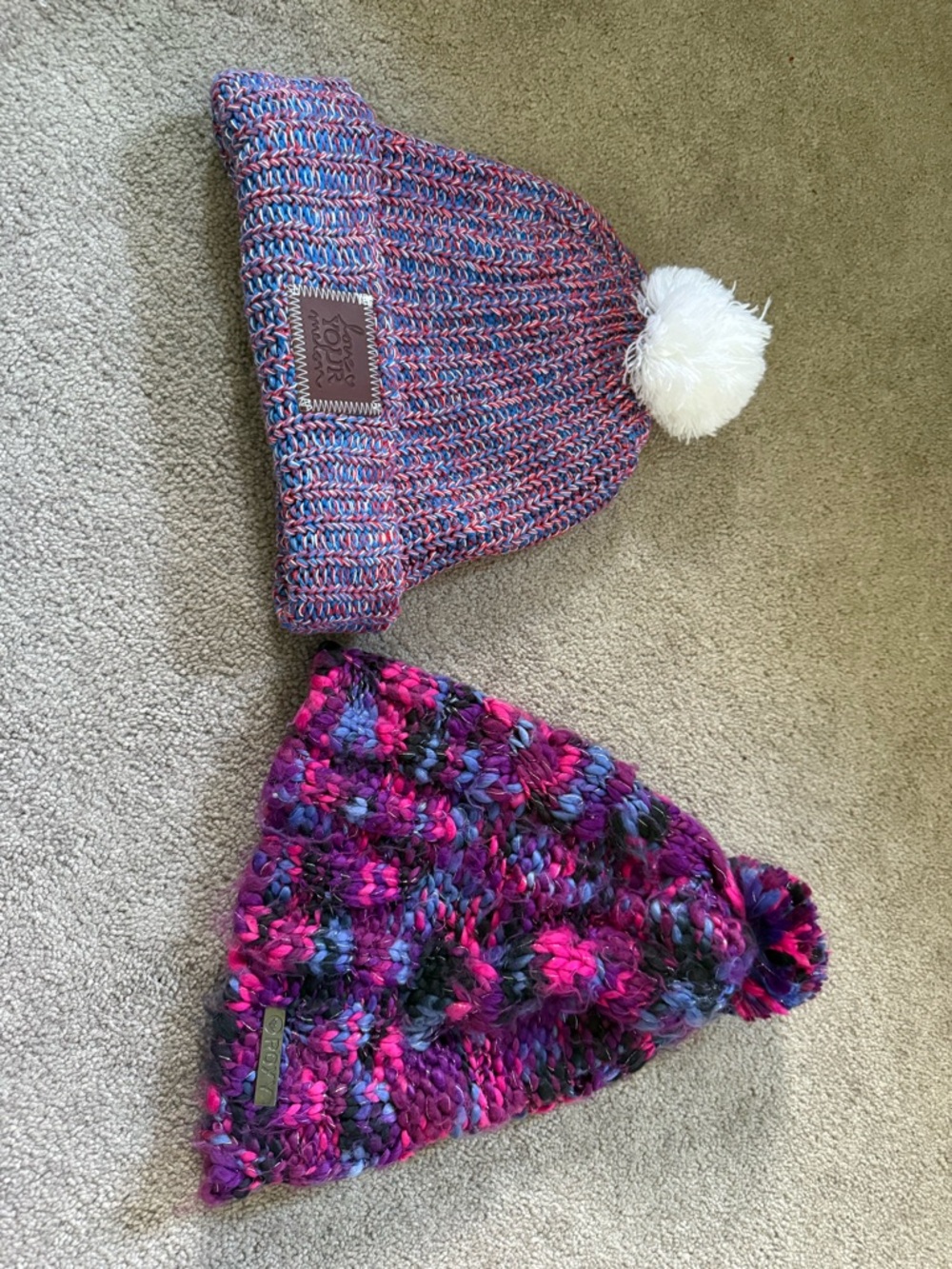 Multicolor Knit Pom Beanie Duo - Pink, Purple & Blue